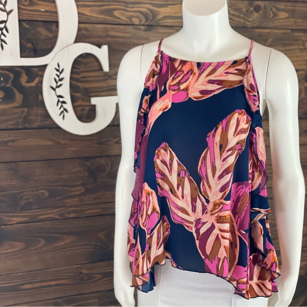 Mossimo | Tropical Leaf Print‎ Ruffle Cami High-Neck Halter Tank Top Open Back